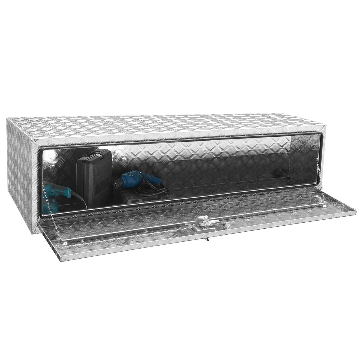 Underbody Truck Box, 60"×24"×24" Pickup Storage Box, Heavy Duty Aluminum Diamond Plate Tool Box with Lock and Keys, Waterproof Trailer Storage Box with T-Handle Latch for Truck, Van, Trailer