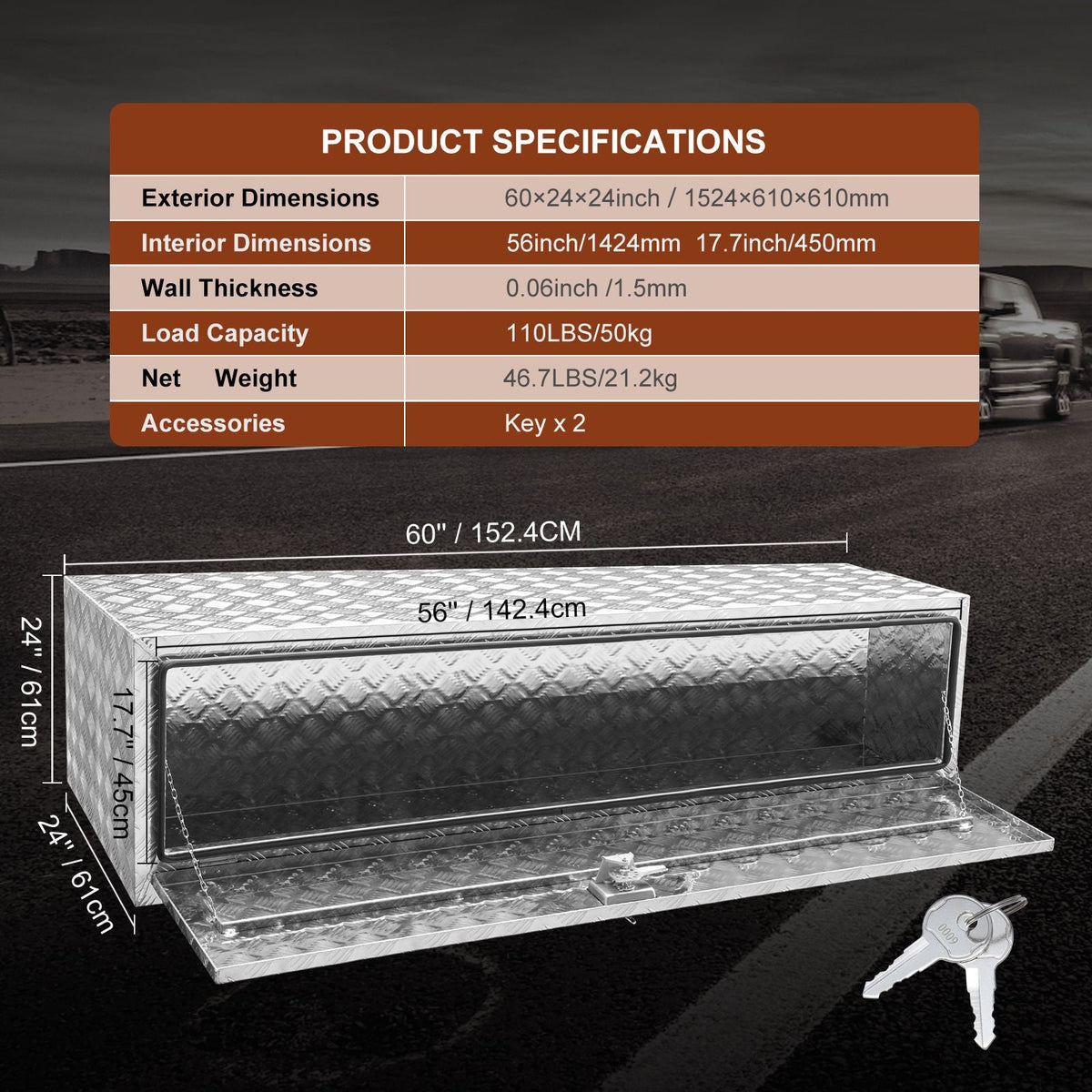 Underbody Truck Box, 60"×24"×24" Pickup Storage Box, Heavy Duty Aluminum Diamond Plate Tool Box with Lock and Keys, Waterproof Trailer Storage Box with T-Handle Latch for Truck, Van, Trailer