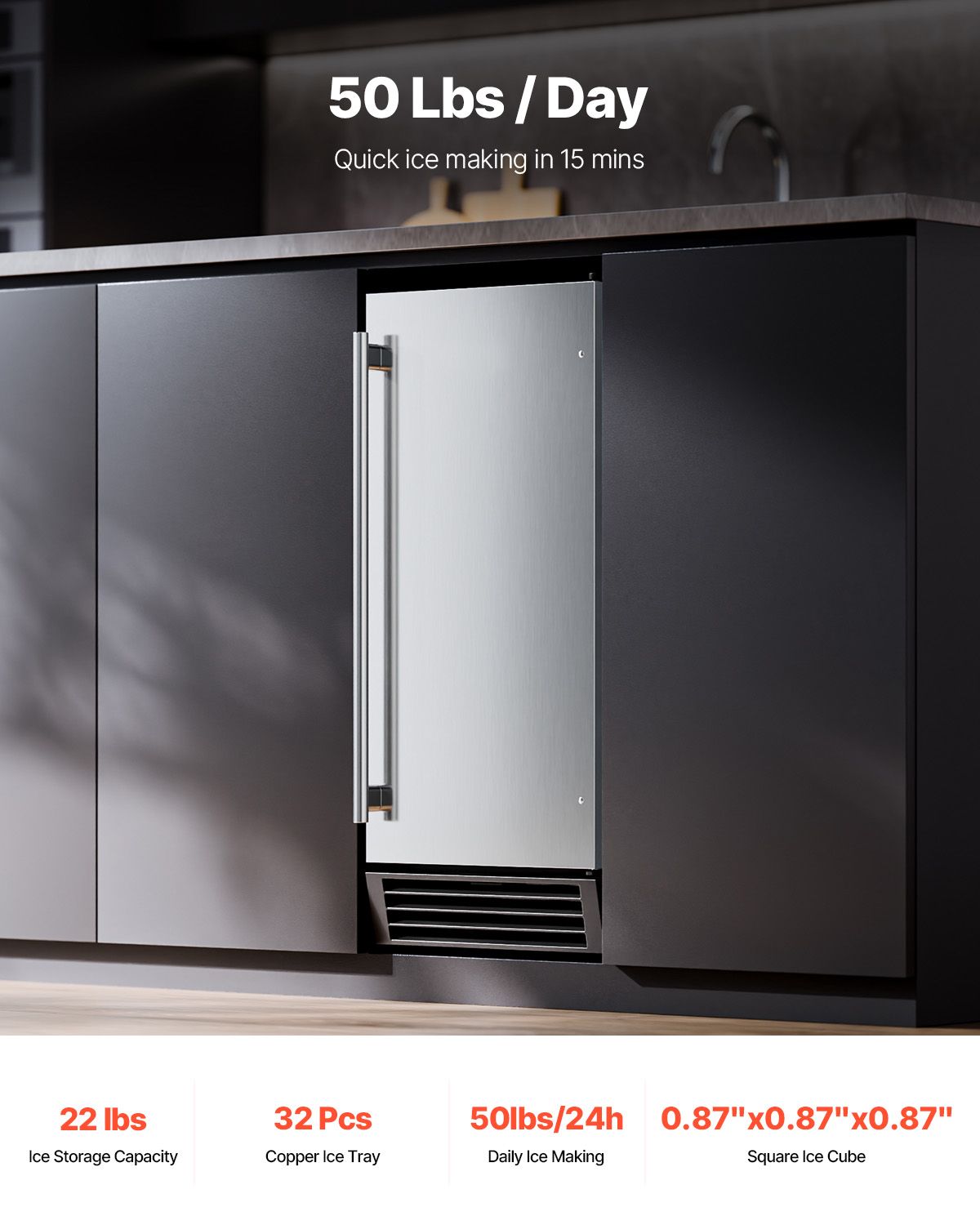 Undercounter Built-in Ice Maker, 50 Lbs/Day Under Counter Ice Maker Machine with Drain Pump Reversible Door Stainless Steel, Freestanding Ice Maker for Commercial Home Kitchen