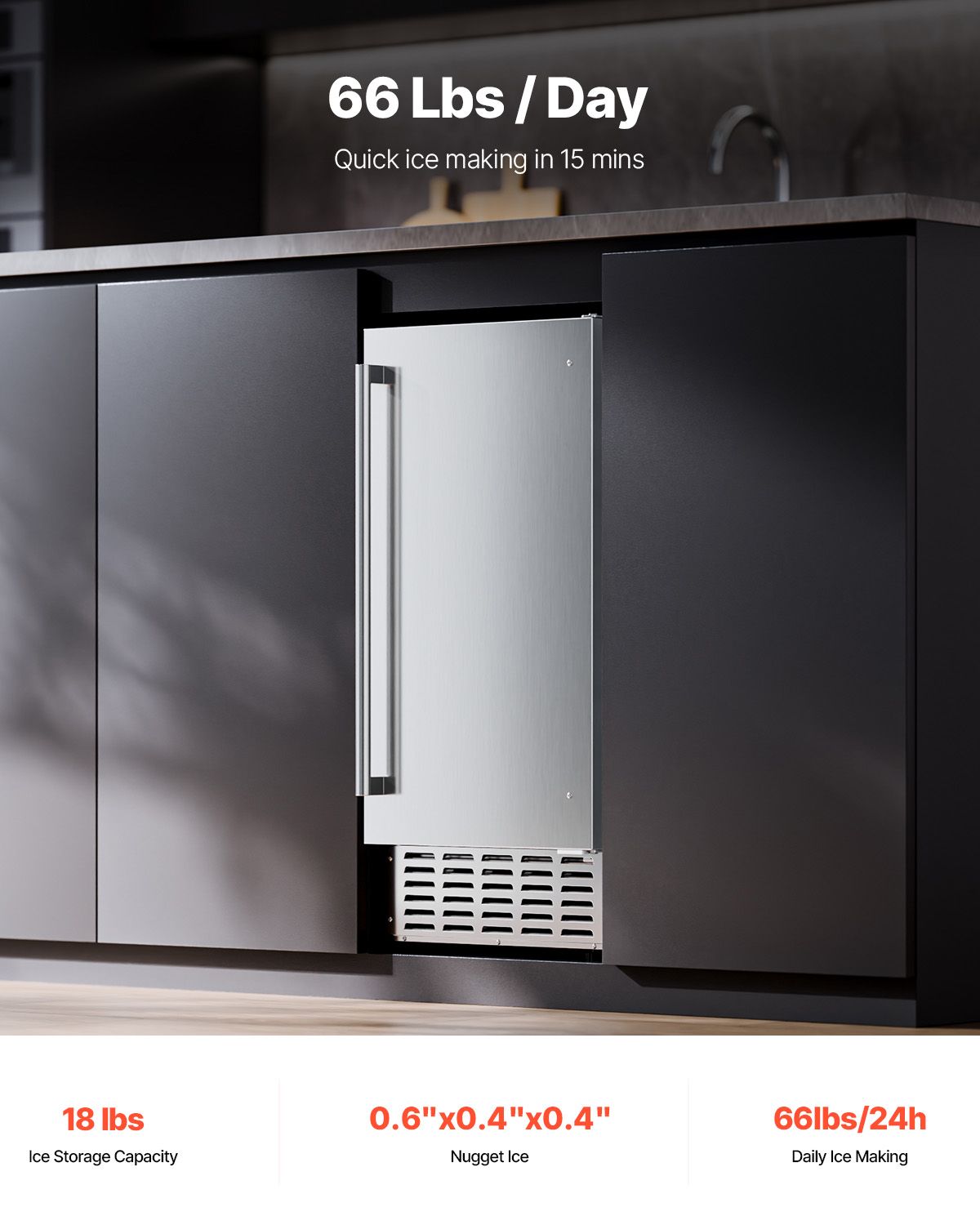 Undercounter Built-in Ice Maker, 66 Lbs/Day Under Counter Nugget Ice Maker Machine with Reversible Door Stainless Steel, Freestanding Ice Maker for Commercial Home Kitchen, Electric Drainage