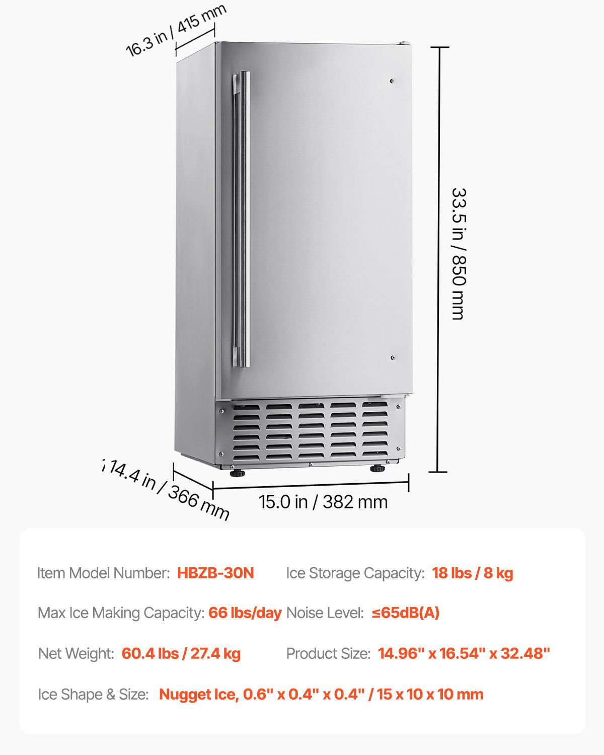 Undercounter Built-in Ice Maker, 66 Lbs/Day Under Counter Nugget Ice Maker Machine with Reversible Door Stainless Steel, Freestanding Ice Maker for Commercial Home Kitchen, Electric Drainage