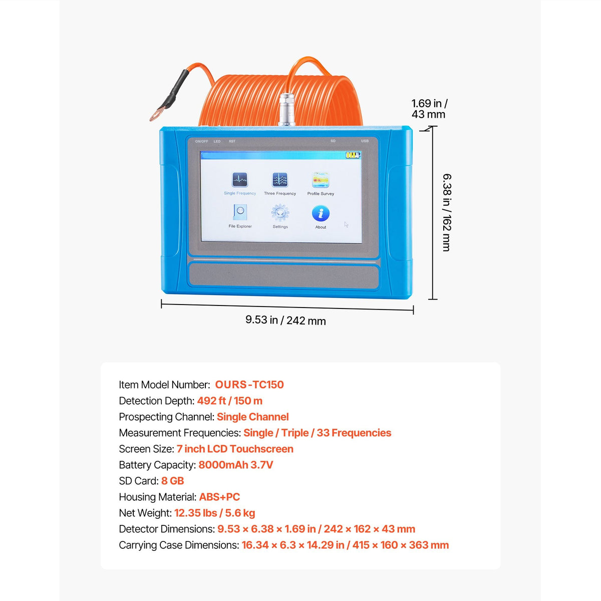 Underground Water Detector, Up to 492ft (150m) Pro Underground Water Detection Locator, 7" Touchscreen Auto Mapping Well Detector Explorer with Multi-Frequency Measurement, 8GB Card, Carry Case