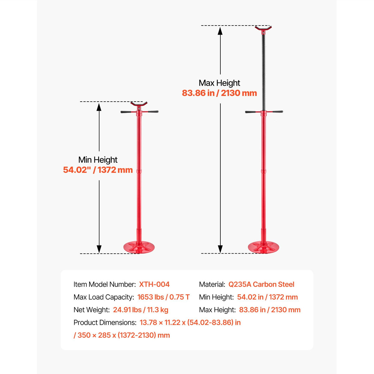 Underhoist Support Stand, 3/4 Ton (1653 lbs) Capacity Under Hoist Jack Stand, Lifting from 54.02" to 83.86", Bearing Mounted Spin Handle, Self-Locking Threaded Screw, Support Vehicle Components