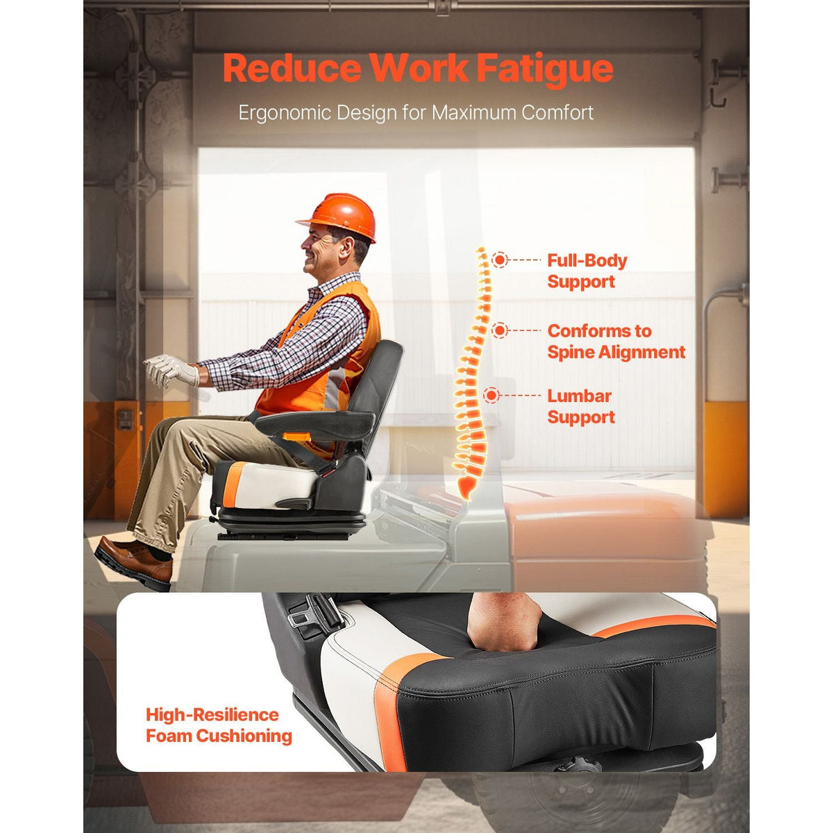 Universal Forklift Seat, Tractor Suspension Seat with Adjustable Back, Armrest & Safety Belt, Secure Fold Down Tractor Seat with Micro Switch, Lawnmower Seat for Skid Loader Bulldozer