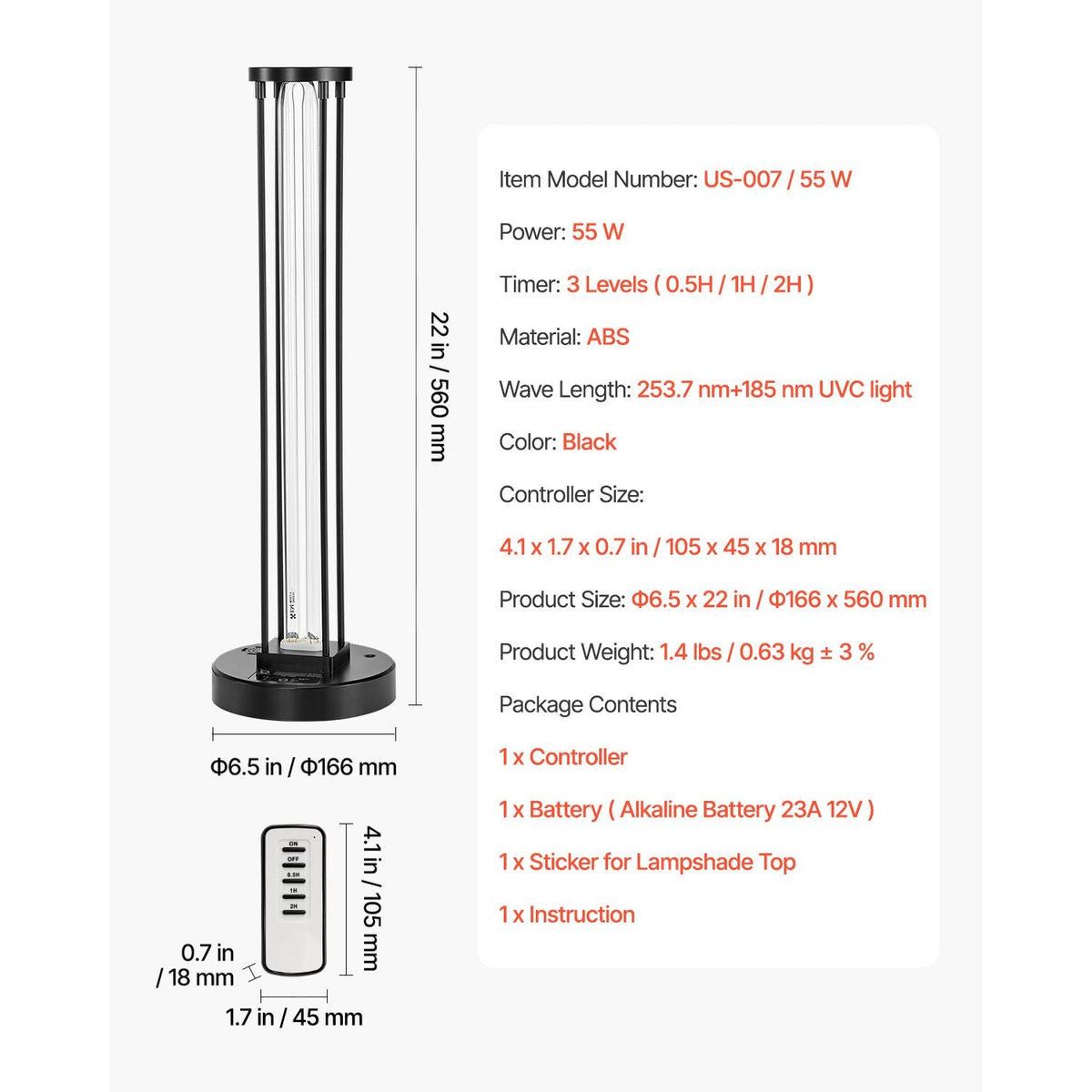 UV Light, 55W Ultraviolet Lamp with Ozone Purifier, UVC Lamp with 30/60/120 Minutes 3-Gear Timer and Remote Control, for Room up to 750 sqft, UVO Lights for Living Room, Bedroom, Hotel, School