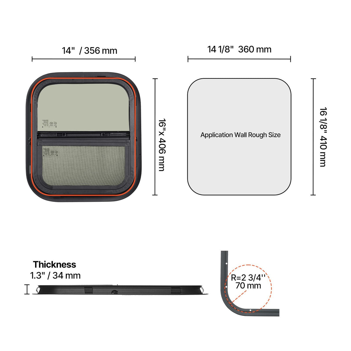 Vertical RV Window, 14" W x 16" H Tinted Sliding RV Window with Net Screen & Trim Ring, Fit 15/16" - 1 3/4" Thickness Wall, RV Window Replacement for Teardrop Cargo Trailer Camper, DOT Approved
