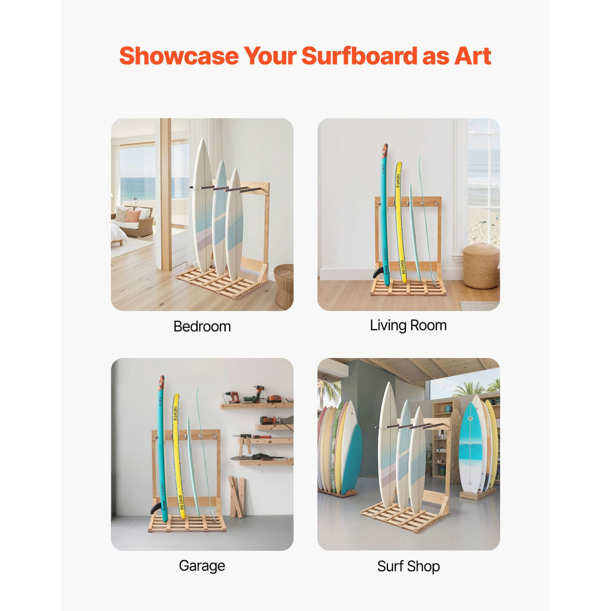 Vertical Surfboard Stand, 4 Tiers Wooden Surfboard Rack for Storage and Display, Freestanding Board Stand Organizer, Surf Board Holder for Wakeboards, Snowboards, Kiteboards, Shortboard, Skis