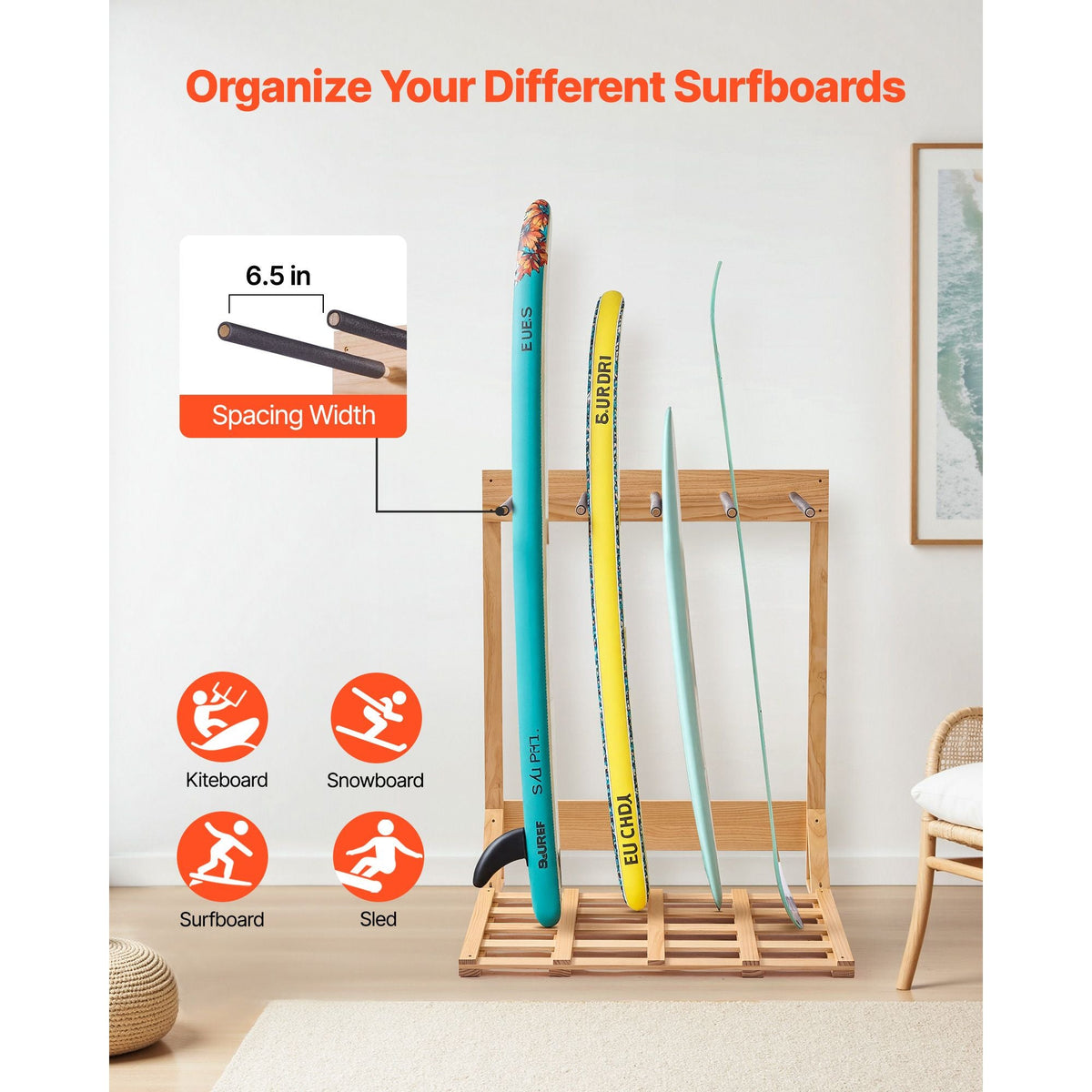 Vertical Surfboard Stand, 4 Tiers Wooden Surfboard Rack for Storage and Display, Freestanding Board Stand Organizer, Surf Board Holder for Wakeboards, Snowboards, Kiteboards, Shortboard, Skis