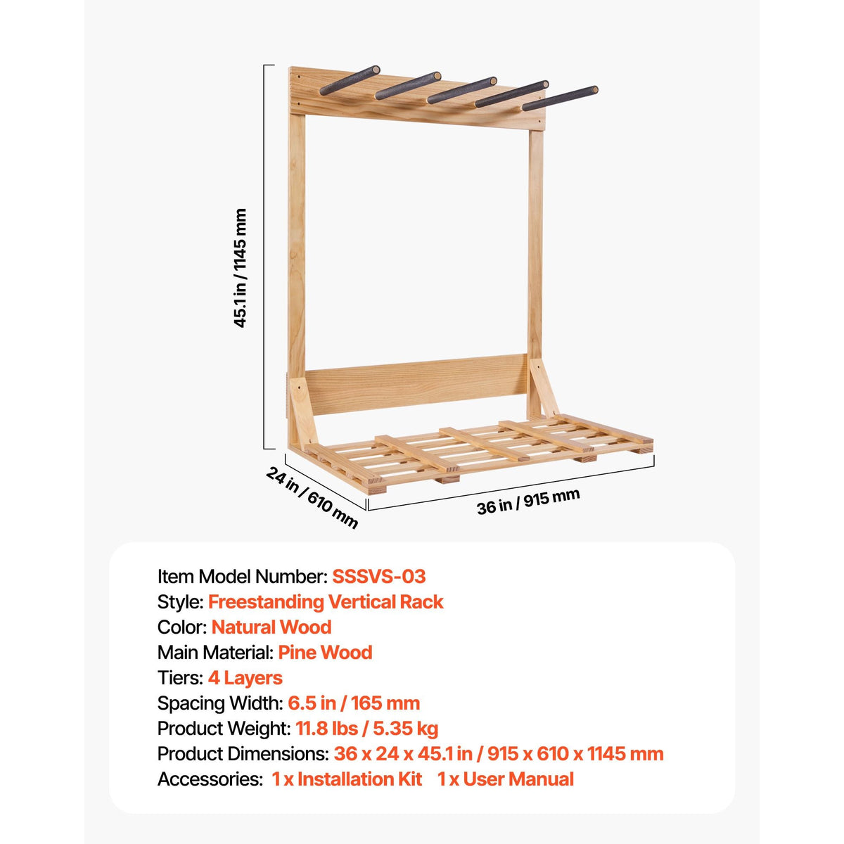 Vertical Surfboard Stand, 4 Tiers Wooden Surfboard Rack for Storage and Display, Freestanding Board Stand Organizer, Surf Board Holder for Wakeboards, Snowboards, Kiteboards, Shortboard, Skis