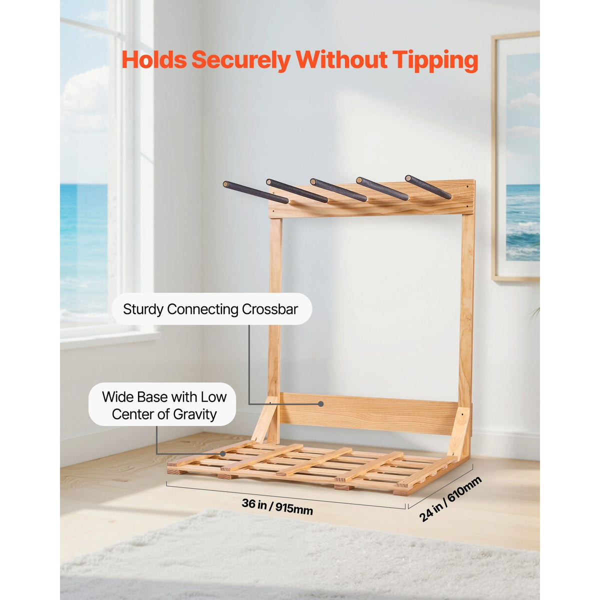 Vertical Surfboard Stand, 4 Tiers Wooden Surfboard Rack for Storage and Display, Freestanding Board Stand Organizer, Surf Board Holder for Wakeboards, Snowboards, Kiteboards, Shortboard, Skis