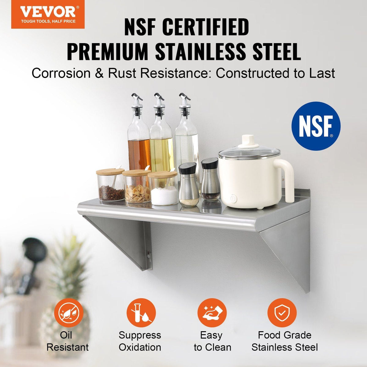 12" x 24" Stainless Steel Shelf, Wall Mounted Floating Shelving with Brackets, 230 lbs Load Capacity Commercial Shelves, Heavy Duty Storage Rack for Restaurant, Kitchen, Bar, Home, and Hotel