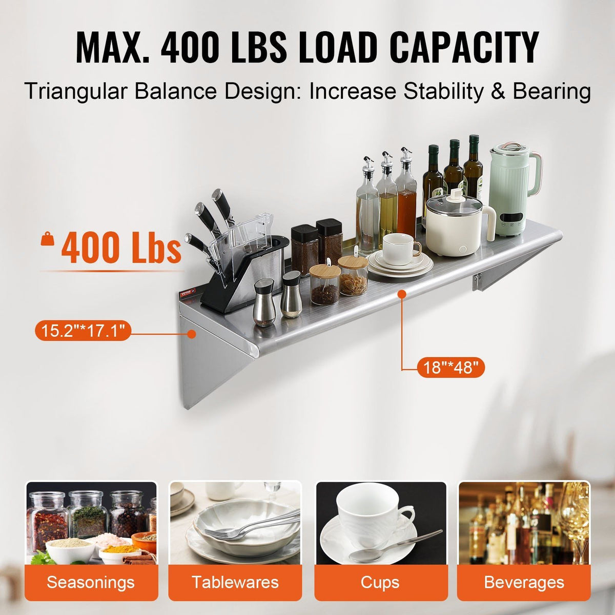 18" x 48" Stainless Steel Shelf, Wall Mounted Floating Shelving with Brackets, 400 lbs Load Capacity Commercial Shelves, Heavy Duty Storage Rack for Restaurant, Kitchen, Bar, Home, and Hotel