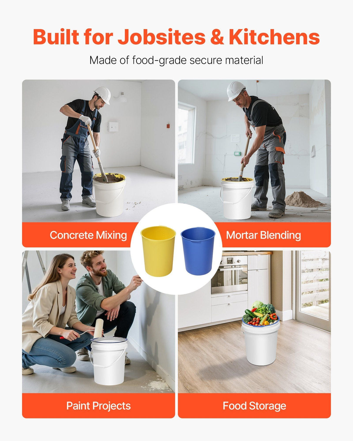 2 Pcs 5 Gallon Bucket Liner for Concrete Mix, Reusable Silicone Mortar Bucket Liner for Thinset Paint Concrete Epoxy Mixing, Heavy-duty Grout Mixer Insert with Measurements, Blue & Yellow