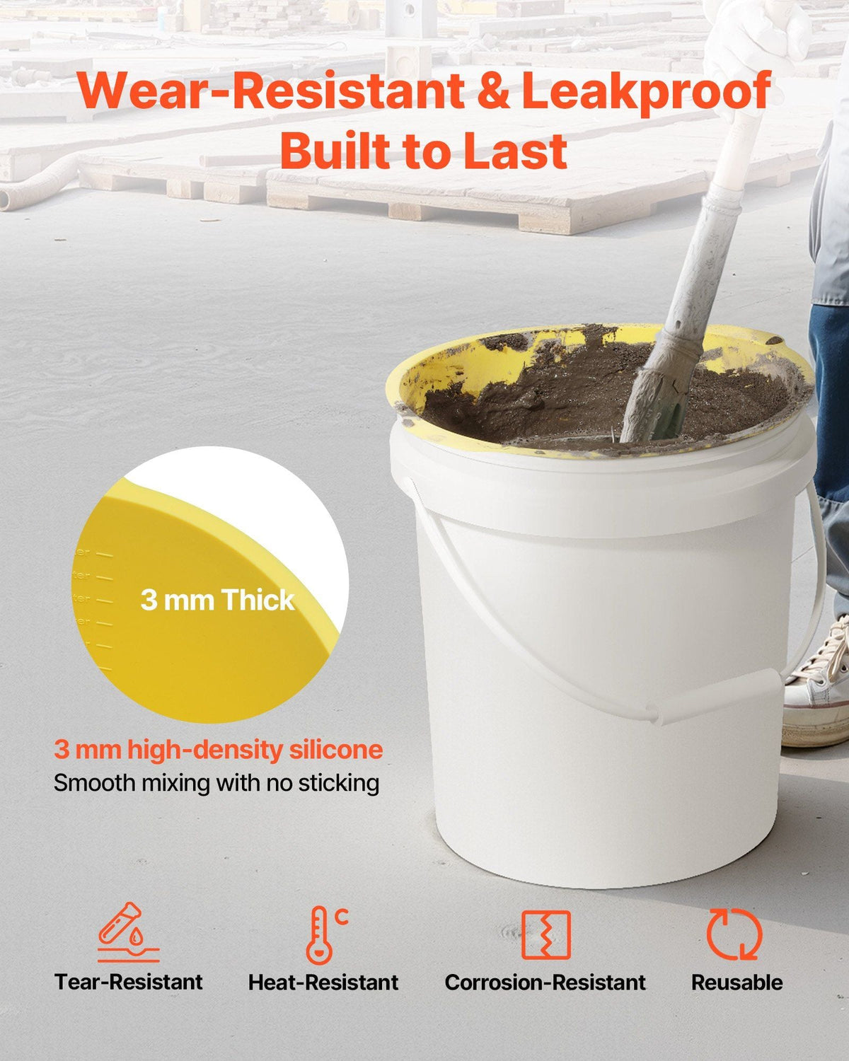 2 Pcs 5 Gallon Bucket Liner for Concrete Mix, Reusable Silicone Mortar Bucket Liner for Thinset Paint Concrete Epoxy Mixing, Heavy-duty Grout Mixer Insert with Measurements, Blue & Yellow