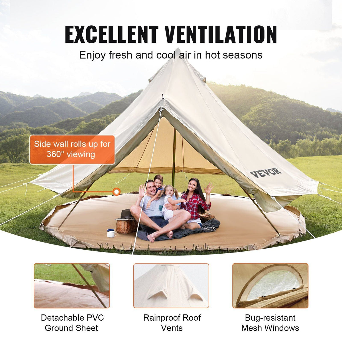 3-5 Person Canvas Glamping Bell Tent, Breathable Waterproof Yurt Tent with Stove Jack and Detachable Side Wall for Family Camping, 10'x 10'x98"(Diameter 3M)
