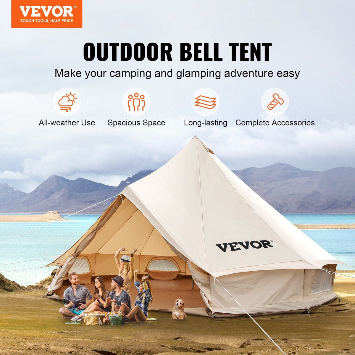 3-5 Person Canvas Glamping Bell Tent, Breathable Waterproof Yurt Tent with Stove Jack and Detachable Side Wall for Family Camping, 10'x 10'x98"(Diameter 3M)
