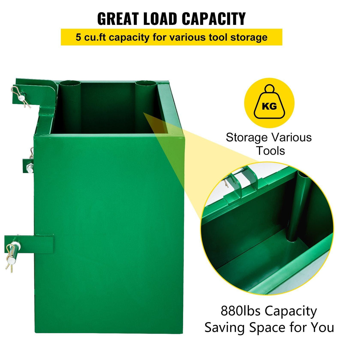 3 Point Ballast Box, 800lbs Capacity Hitch Ballast Box, Standard 2'' Hitch Receiver, Tractor Ballast Box with 5cu.ft Volume, Heavy Duty Steel, Fits Category 1 Tractor Attachment,Green
