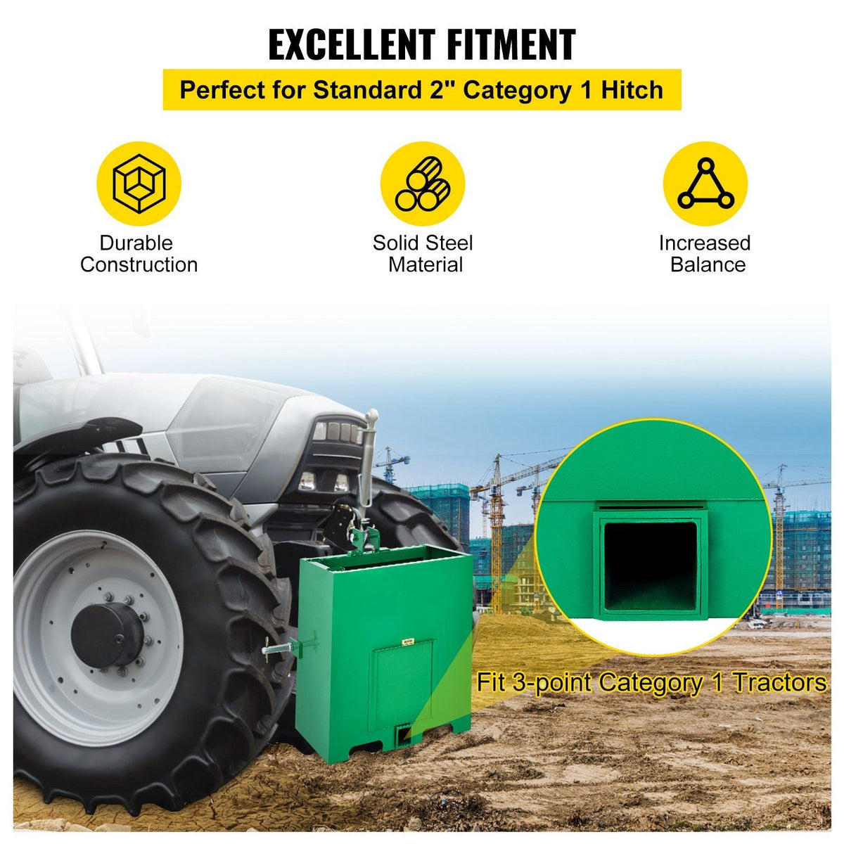 3 Point Ballast Box, 800lbs Capacity Hitch Ballast Box, Standard 2'' Hitch Receiver, Tractor Ballast Box with 5cu.ft Volume, Heavy Duty Steel, Fits Category 1 Tractor Attachment,Green