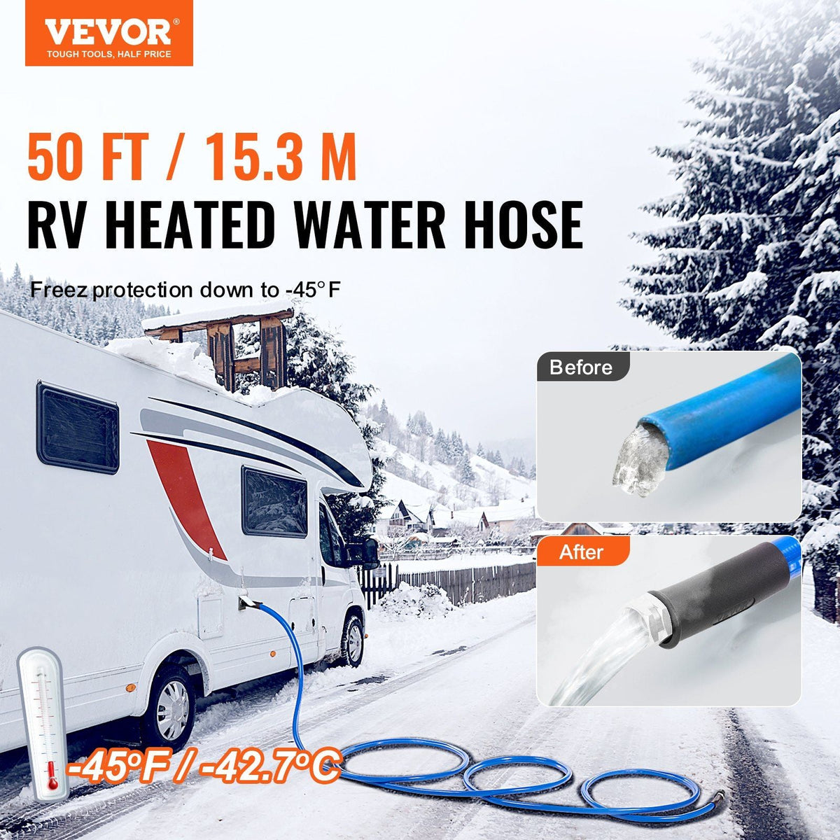 50ft Heated Water Hose for RV, Heated Drinking Water Hose Antifreeze to -45°F, Automatic Self-regulating, 5/8" I.D. with 3/4" GHT Adapter, Lead and BPA Free