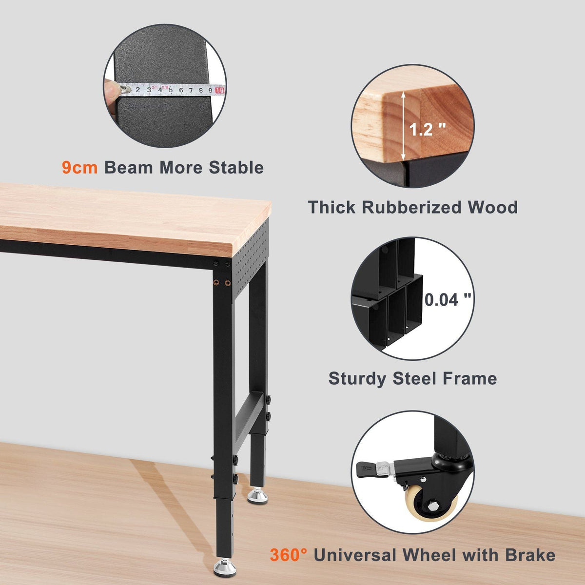 Adjustable Workbench, 48" L X 24" W Garage Worktable with Universal Wheels, 28-39.5" Heights & 2000 LBS Load Capacity, with Power Outlets & Hardwood Top & Storage & Foot Pads, for Office Home