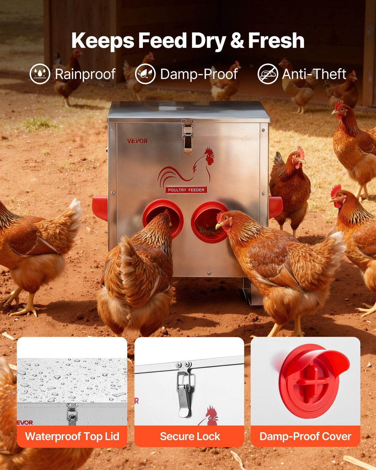 Automatic Chicken Feeder, 25 lbs Capacity, 6 Feeding Ports No-Waste Poultry Feeder, Automatic Gravity, with Handle Latch Lid, Metal Construction, for Chickens Bantams Pheasants Poultry Coop