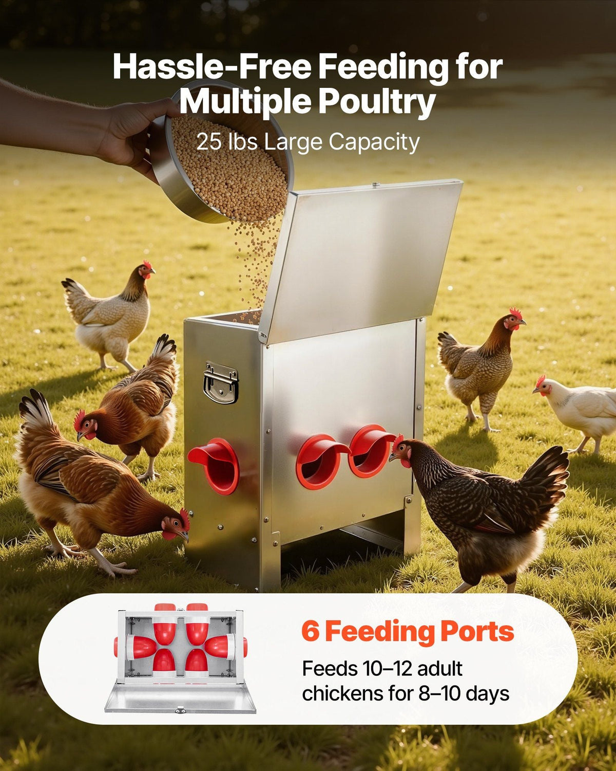 Automatic Chicken Feeder, 25 lbs Capacity, 6 Feeding Ports No-Waste Poultry Feeder, Automatic Gravity, with Handle Latch Lid, Metal Construction, for Chickens Bantams Pheasants Poultry Coop