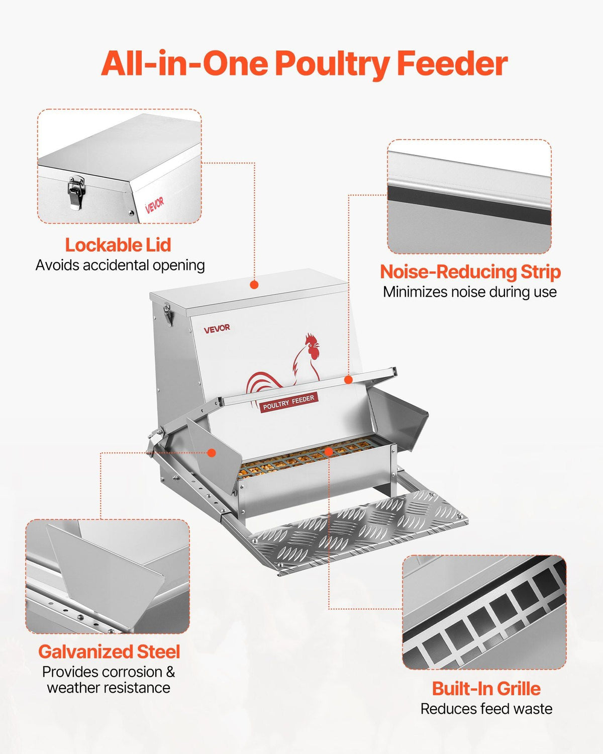 Automatic Chicken Feeder, 40 lbs Capacity, Rainproof Treadle Poultry Feeder with Lockable Lid, No Waste, Galvanized Steel Construction, Outdoor Use, for Chicken, Bantams, Poultry, Pheasants