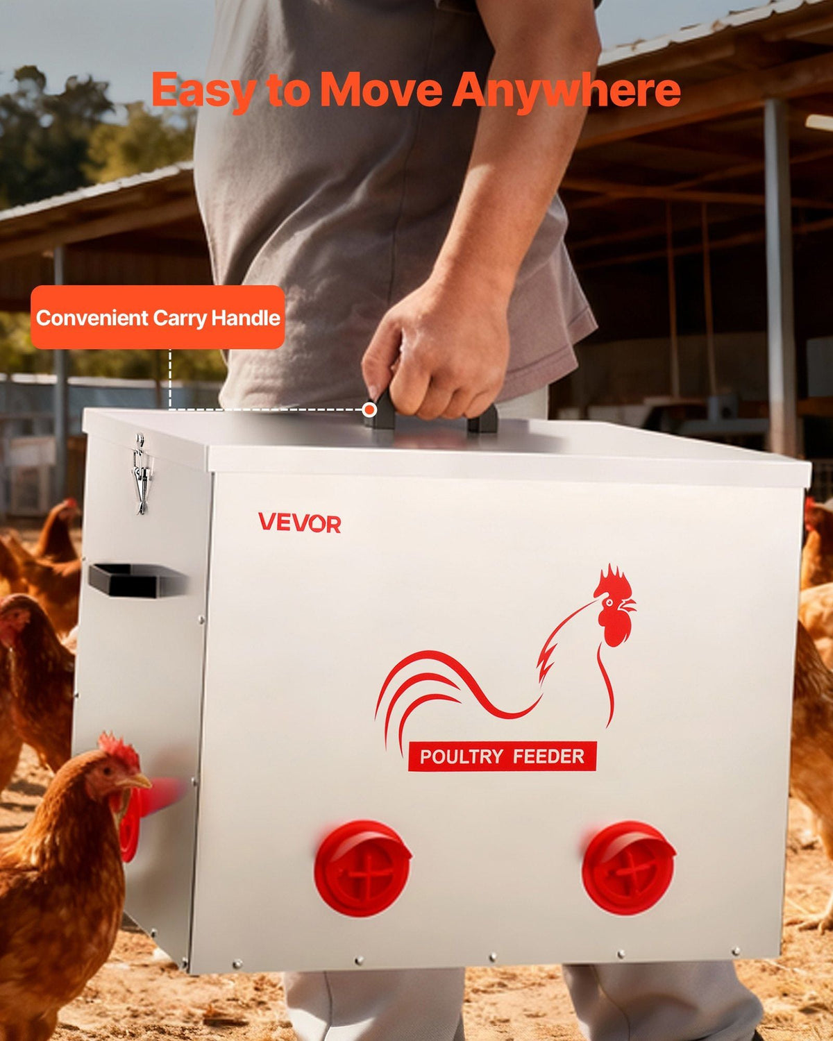 Automatic Chicken Feeder, 85 lbs Capacity, 6 Feeding Ports No-Waste Poultry Feeder with Built-In Divider, with Latch & Handle, Metal Construction, for Chickens Bantams Pheasants Poultry Coop