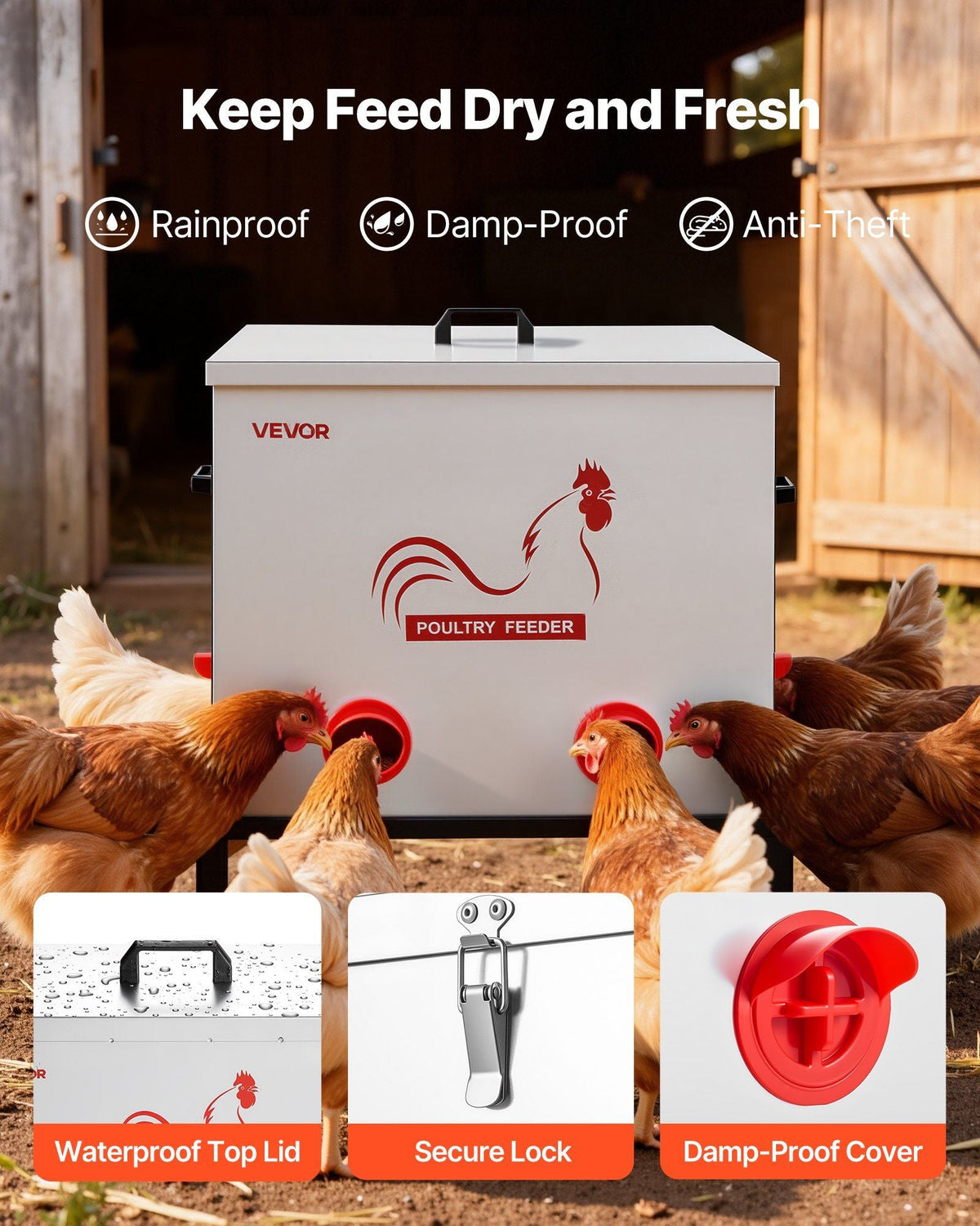 Automatic Chicken Feeder, 85 lbs Capacity, 6 Feeding Ports No-Waste Poultry Feeder with Built-In Divider, with Latch & Handle, Metal Construction, for Chickens Bantams Pheasants Poultry Coop
