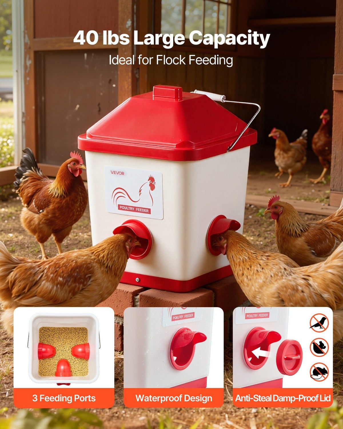 Automatic Chicken Feeder & Waterer Set, 5 Gallon/40 Pounds, Rain Proof Hanging Poultry Feeder with Water Cup No Waste, Automatic Gravity, Avoid Small Animals, Suitable for Chicken, Duck, Turkey