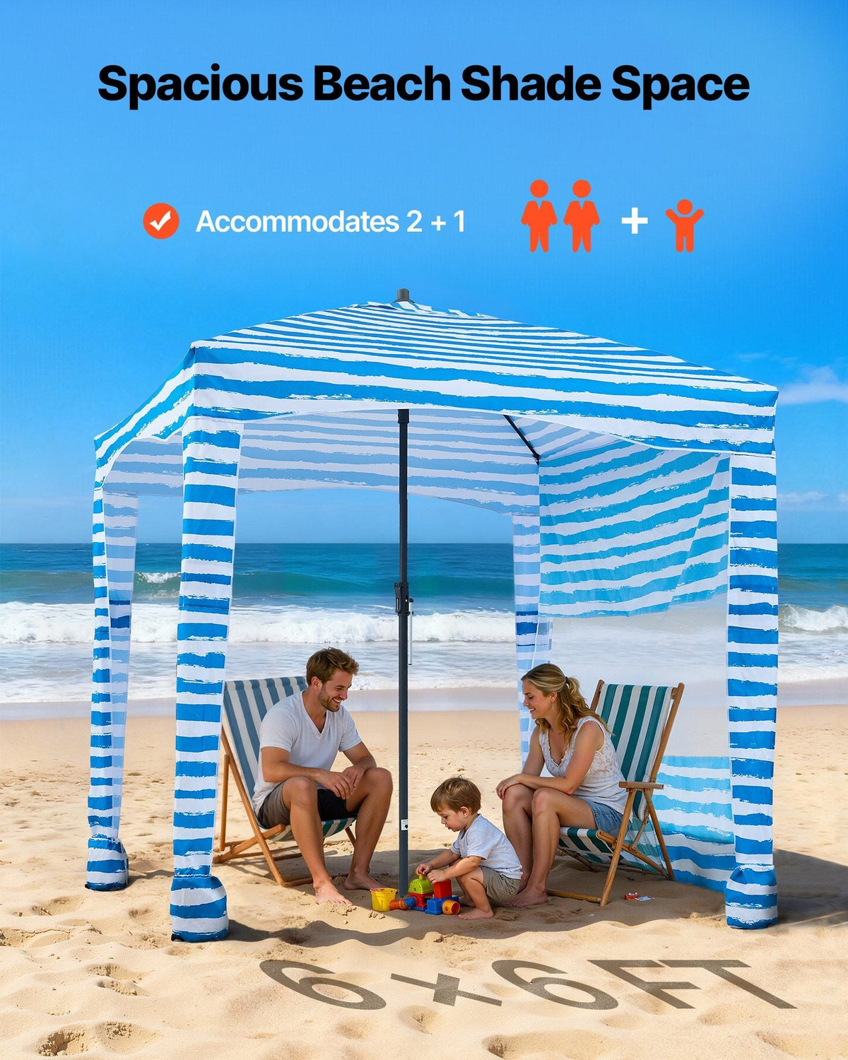Beach Cabana, 6 x 6 ft Beach Canopy with Side Wall, UPF 50+ Protection Easy Setup Cabana Tent with Sand Pockets, Portable Shade Sun Shelter Umbrella for Whole Family & Friends, Blue Stripes