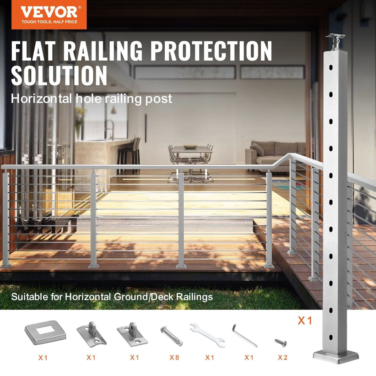 Cable Railing Post Level Deck Stair Post 36 x 0.98 x 1.97" Cable Handrail Post Stainless Steel Wire Drawing Deck Railing Pre-Drilled Pickets with Mounting Bracket Stair Railing Kit Silver