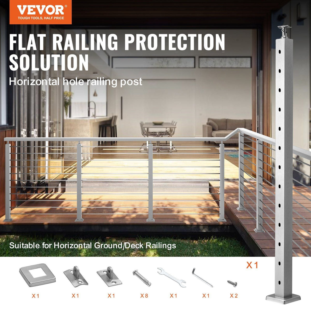 Cable Railing Post Level Deck Stair Post 42 x 1.97 x 1.97" Cable Handrail Post Stainless Steel Wire Drawing Deck Railing Pre-Drilled Pickets with Mounting Bracket Stair Railing Kit Sliver