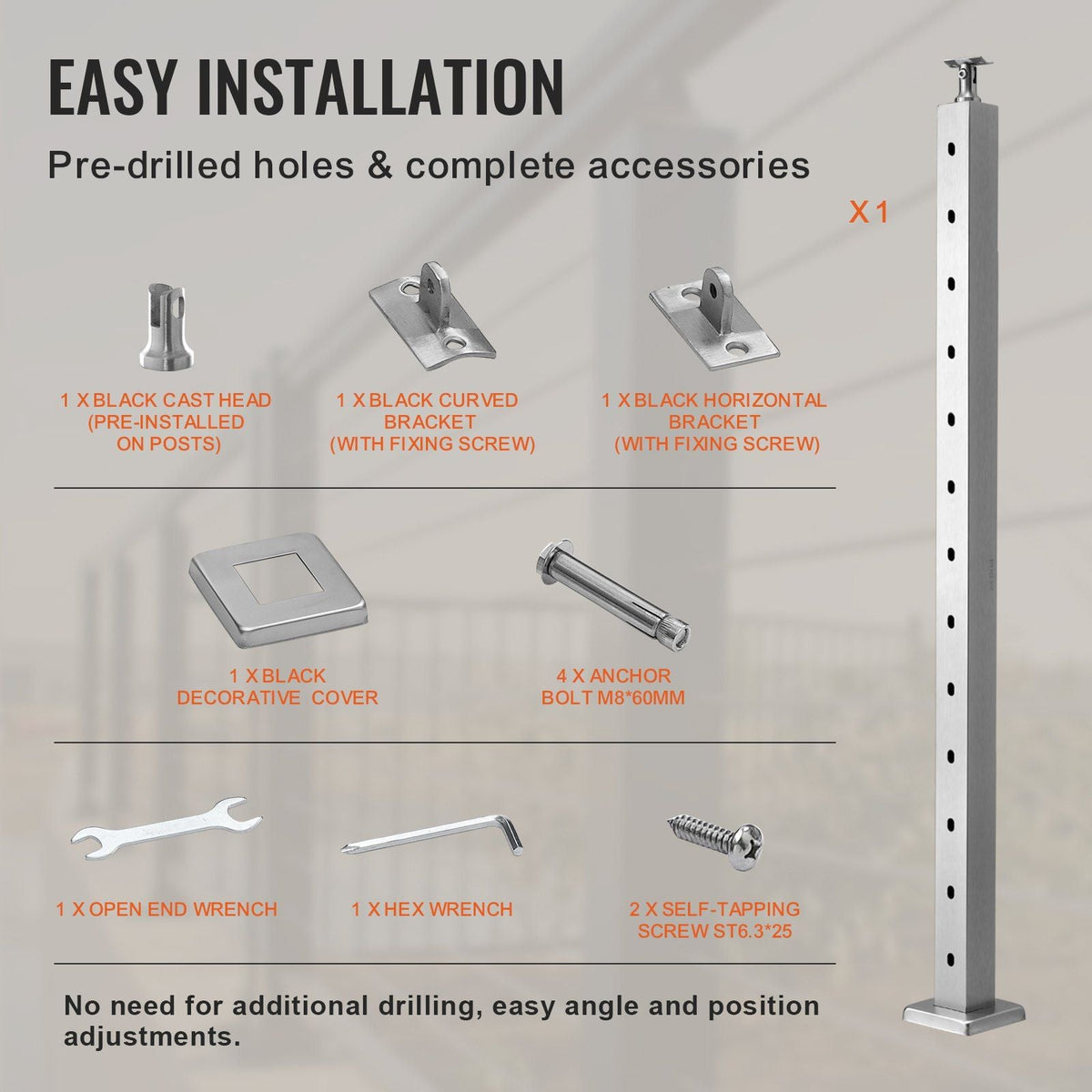 Cable Railing Post Level Deck Stair Post 42 x 1.97 x 1.97" Cable Handrail Post Stainless Steel Wire Drawing Deck Railing Pre-Drilled Pickets with Mounting Bracket Stair Railing Kit Sliver