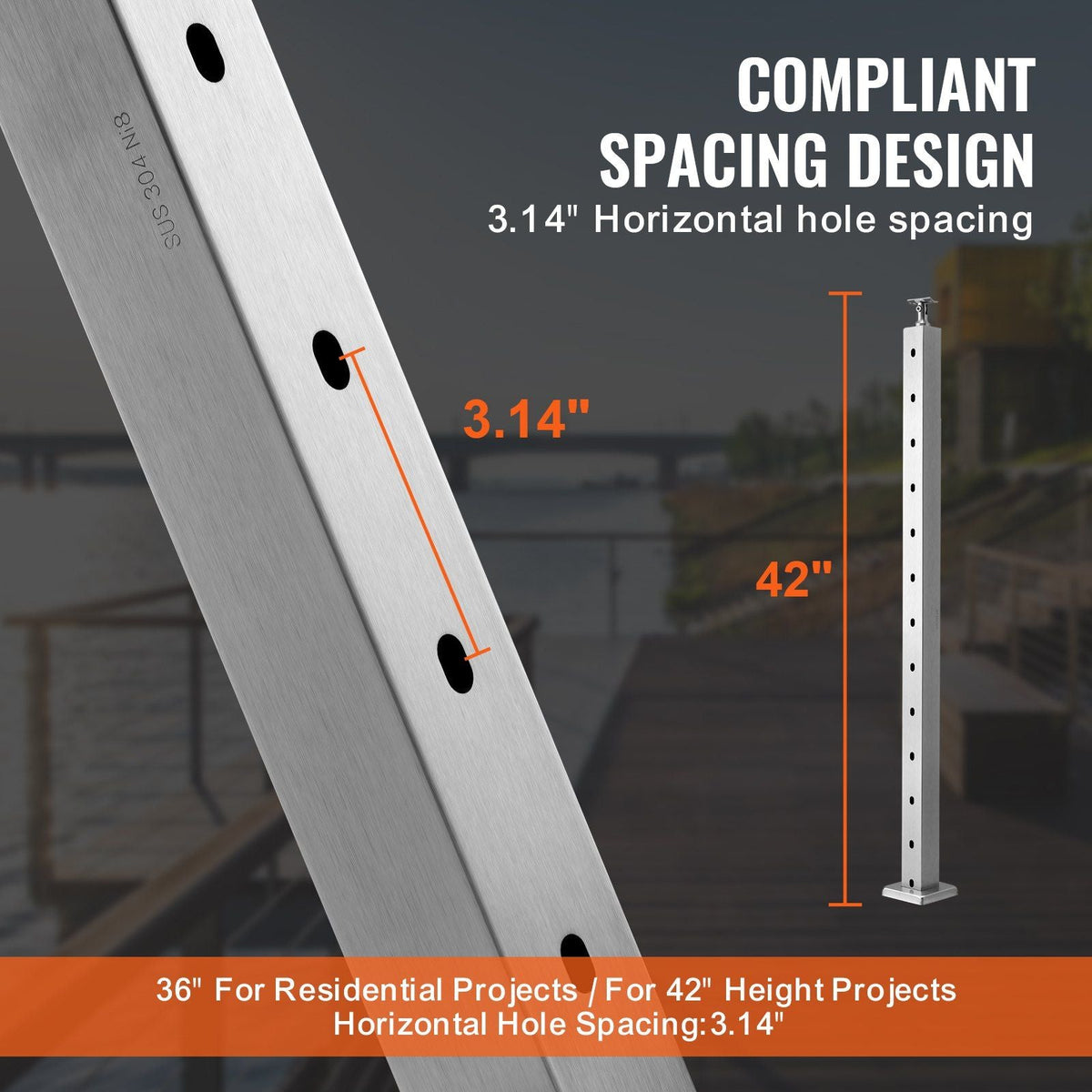 Cable Railing Post Level Deck Stair Post 42 x 1.97 x 1.97" Cable Handrail Post Stainless Steel Wire Drawing Deck Railing Pre-Drilled Pickets with Mounting Bracket Stair Railing Kit Sliver