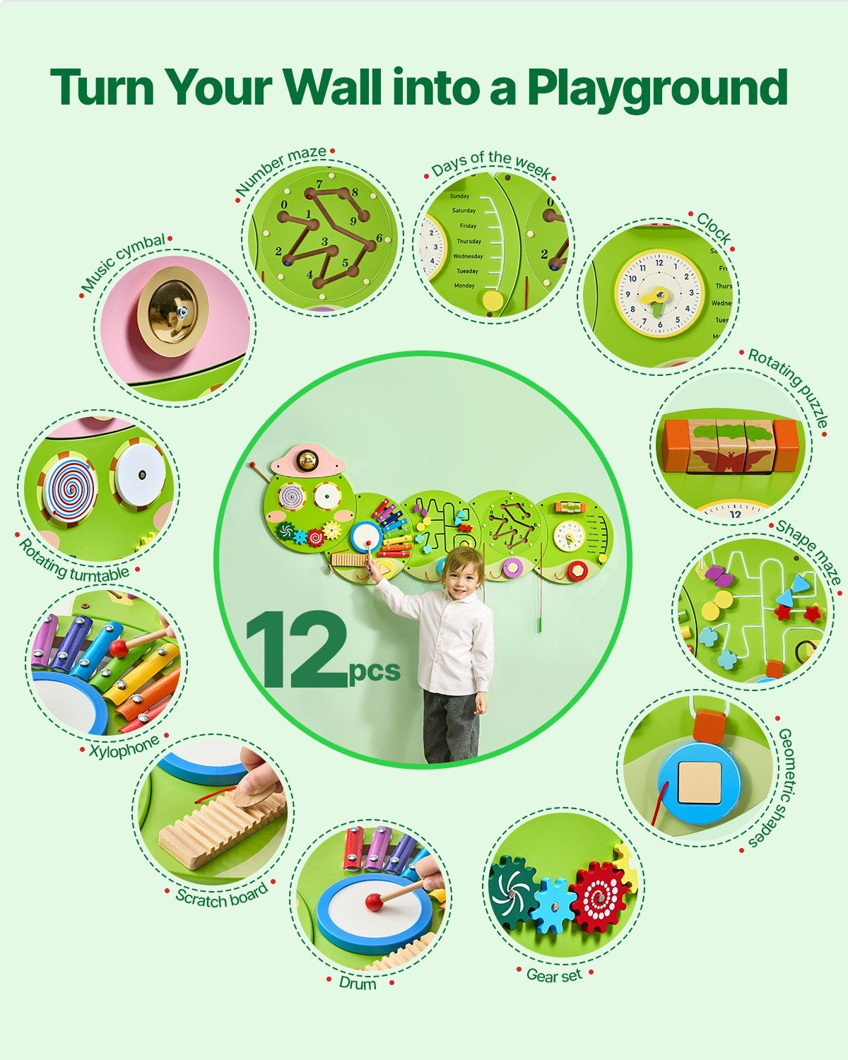 Caterpillar Activity Wall Busy Board Panels, 12 Activities, Montessori Sensory Wall Toy for Kids 3-12 Years, Montessori Learning Activity Center, Ideal for Toddler Playroom Nursery Classroom