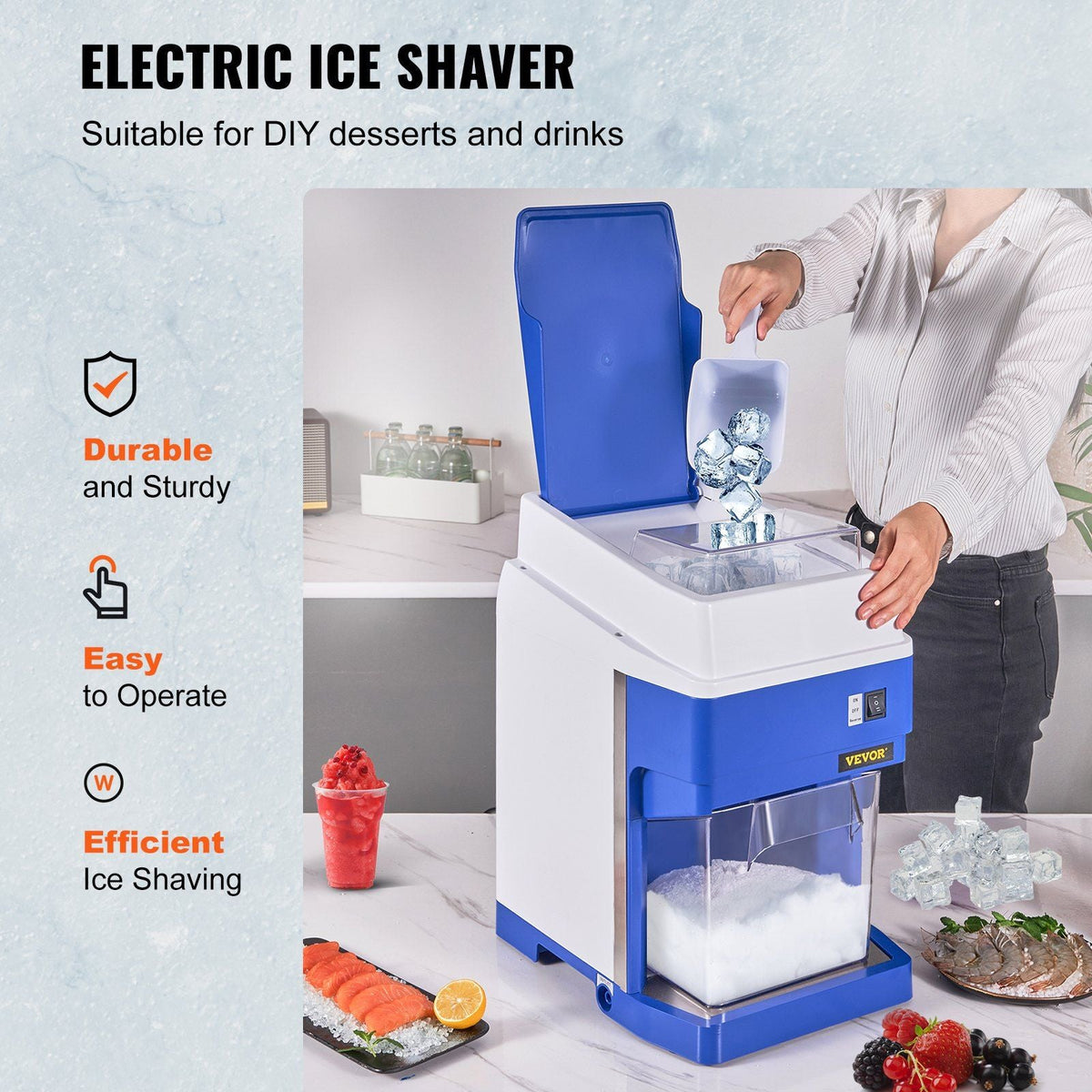 Commercial Ice Shaver Crusher, 265lbs Per Hour Electric Snow Cone Maker with 4.4lbs Ice Box, 300W Tabletop Shaved Ice Machine for Parties Events Snack Bar, Home and Commercial Use