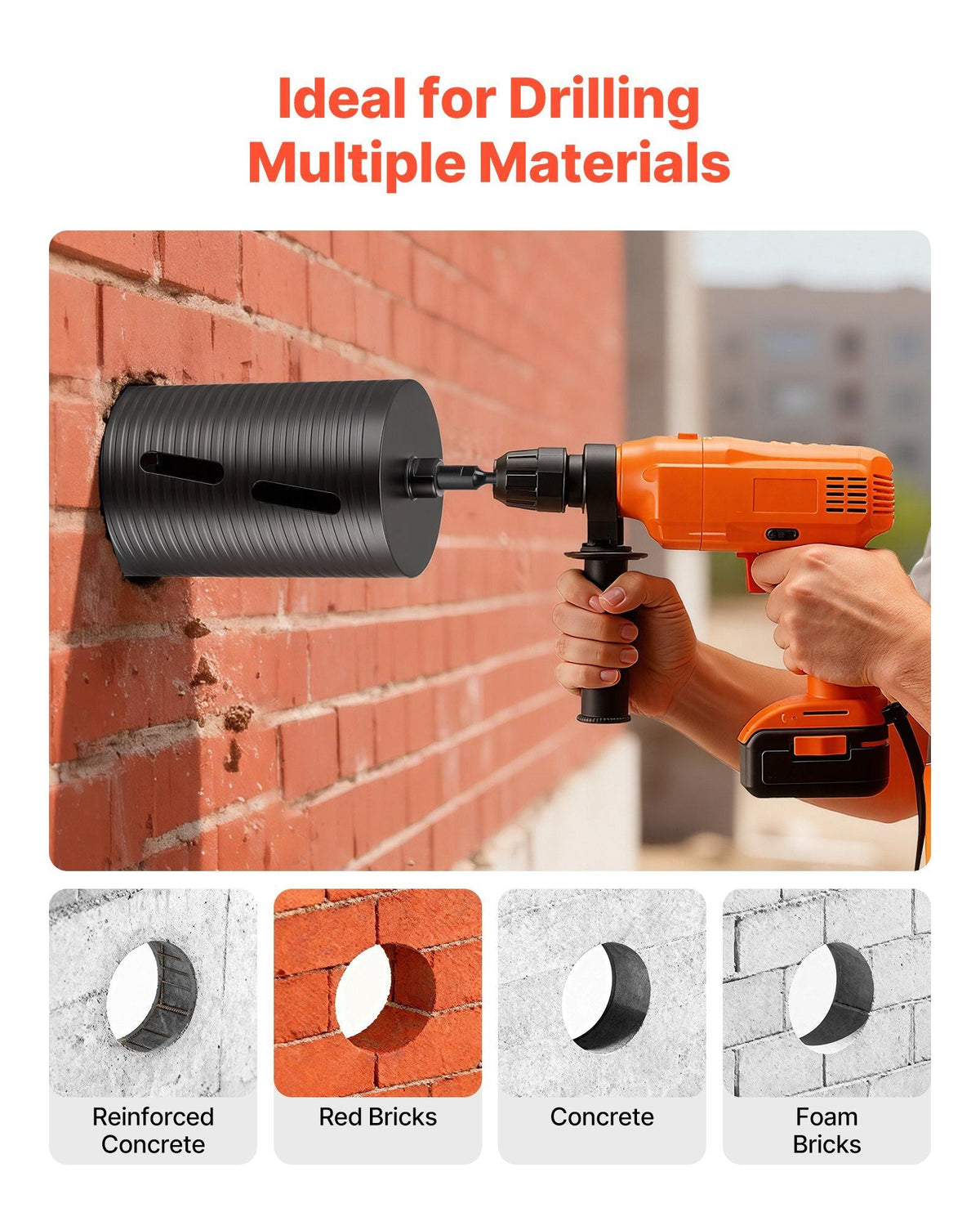 Core Drill Bit, 6 inch Diameter, 9-1/2 inch Drilling Depth, 5/8-11 Internal Thread, Diamond Dry Coring Bit with 3 Adapters, Pilot Drill and Hex Wrench, for Concrete, Red Bricks, and Masonry