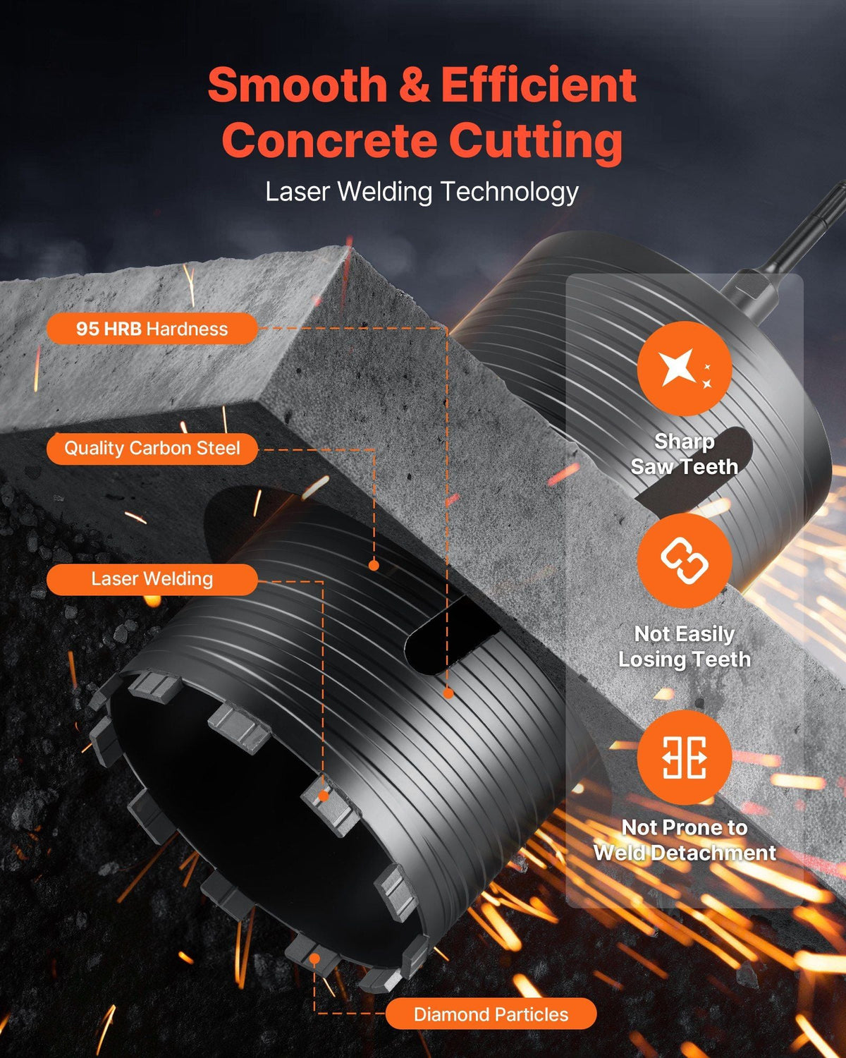 Core Drill Bit, 6 inch Diameter, 9-1/2 inch Drilling Depth, 5/8-11 Internal Thread, Diamond Dry Coring Bit with 3 Adapters, Pilot Drill and Hex Wrench, for Concrete, Red Bricks, and Masonry