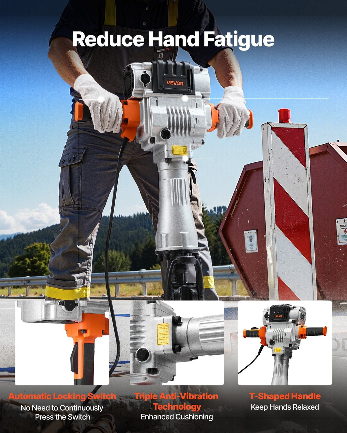 Demolition Jack Hammer, 2100 W Powerful Electric Jackhammer, 1650 BPM Concrete Breaker with 2 Point Chisels, 2 Flat Chisels, Hand Trolley, Gloves, for Concrete, Wall, Brick, Tile and Foundation