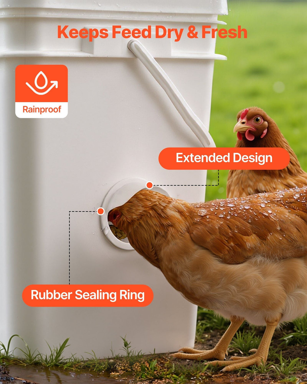 DIY Chicken Feeder, 4 Feed Ports, Rain Proof Poultry Feeder with Cover, No Waste, Automatic Gravity Feed Kit with Sturdy Steel Hole Saw, Rubber Sealing Ring, for Buckets, Barrels, Bins, Troughs