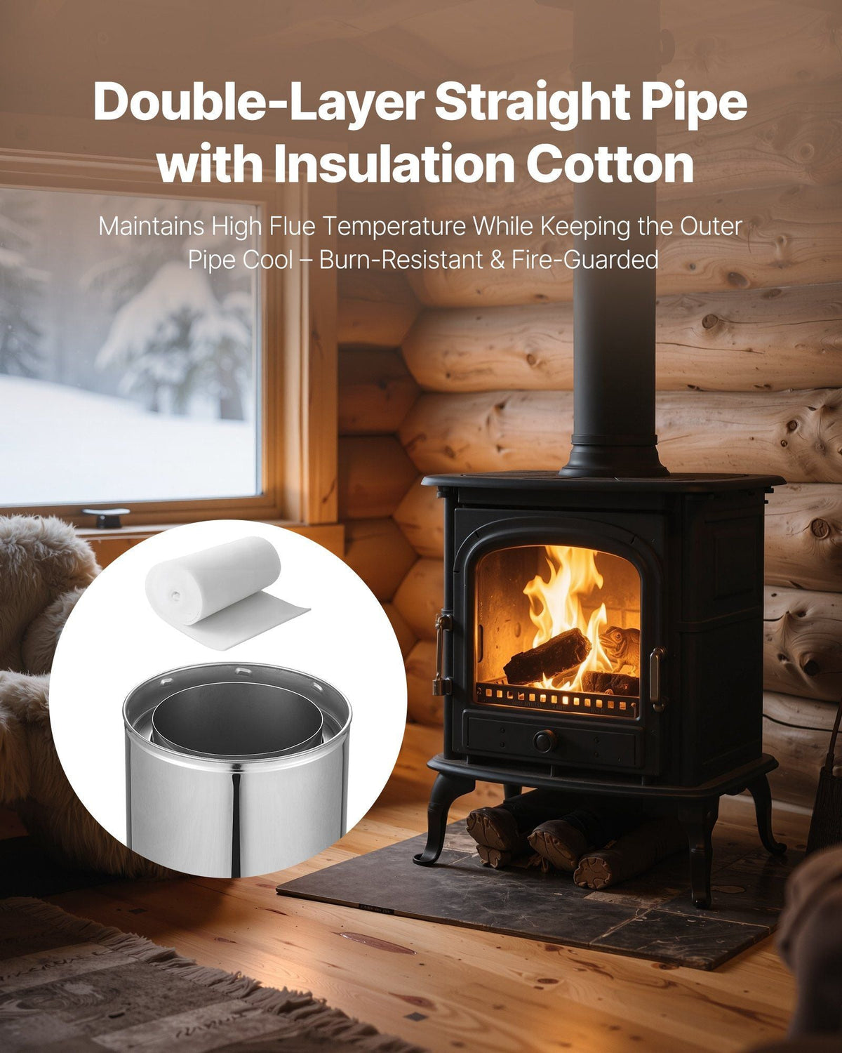 Double Wall Insulated Chimney Pipe, 6 x 36 inch Stainless Steel (Inner 316,Outer 304) Stove Straight Pipe, Easy Installation & Thick Insulation Cotton for Indoor and Outdoor, 1 Pack,Silver