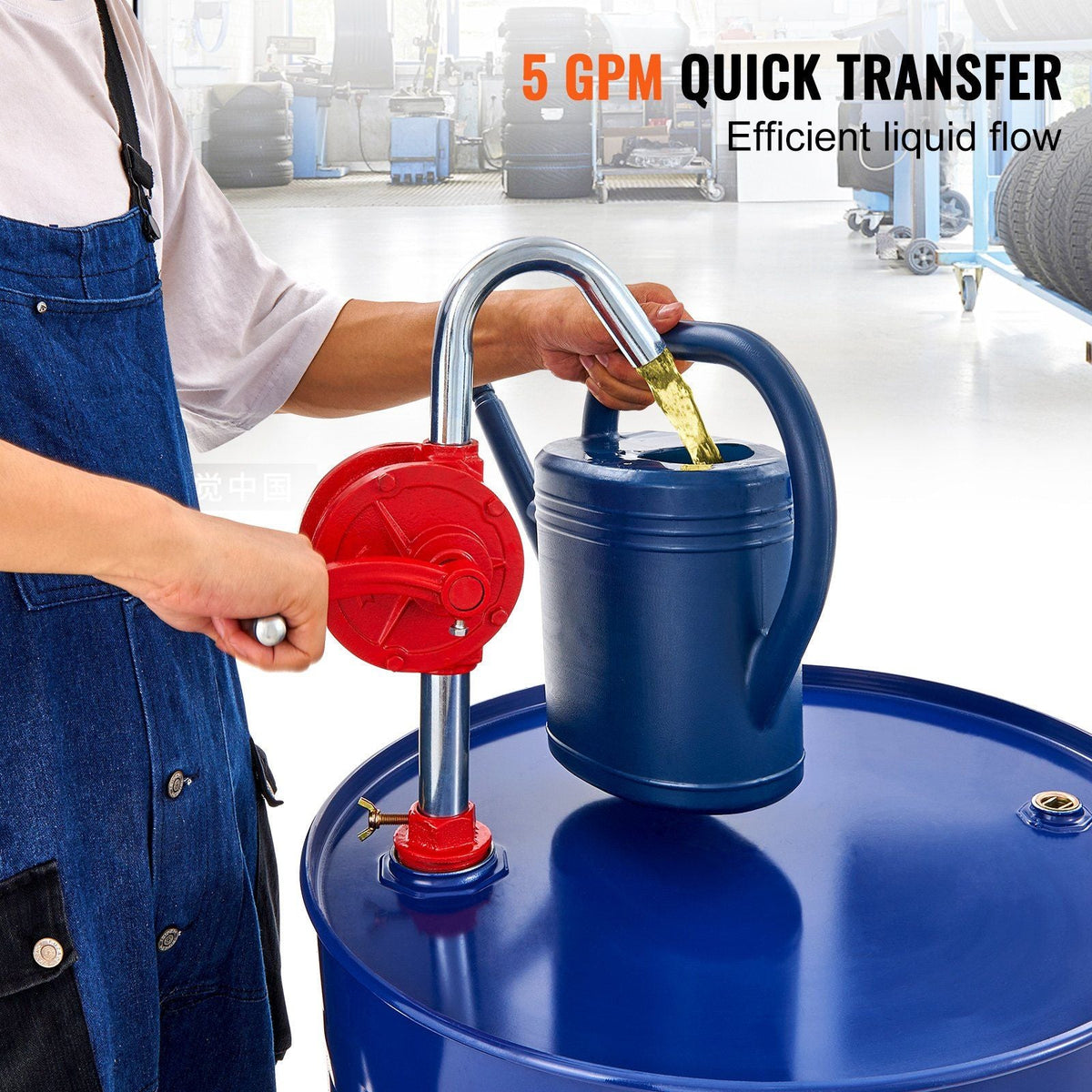 Drum Pump, 5 GPM Flow, Rotary Barrel Pump Hand Crank, Fits 5 to 55 Gallon Drums with 3-Section Suction Tube Assembly and Hose, Designed to Transfer Fuel, Engine Oil, Diesel, Kerosene, Cast Iron