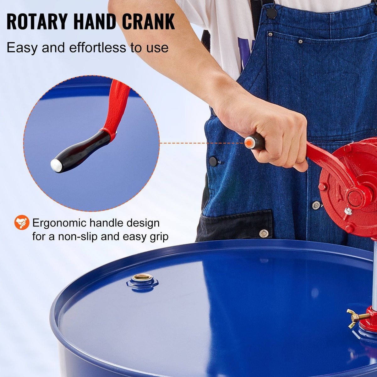 Drum Pump, 5 GPM Flow, Rotary Barrel Pump Hand Crank, Fits 5 to 55 Gallon Drums with 3-Section Suction Tube Assembly and Hose, Designed to Transfer Fuel, Engine Oil, Diesel, Kerosene, Cast Iron