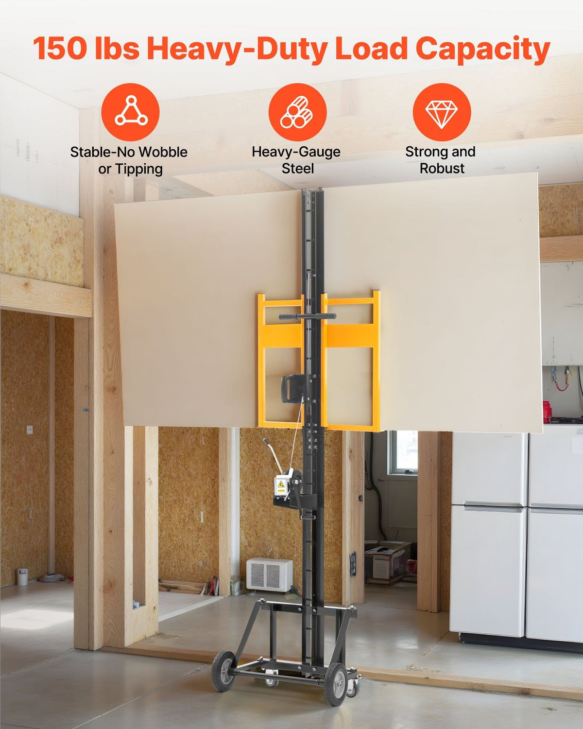 Drywall Lift, Heavy-Duty 150 lbs Sheetrock Hoist for Ceiling & Wall Installation, One Person Drywall Installation, 4 x 16 ft Max. Panel Lifter Jack Hoist with Wheels, Easy Transport (Yellow)