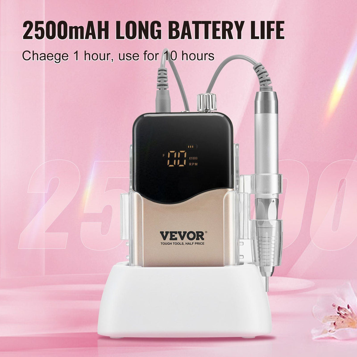 Electric Cordless Nail Drill - with 35000RRM Brushless Motor and Charging Base, Rechargeable Nail E File Machine with 6 Bit & 50PCS Sanding Band for Acrylic Gel Nail, Manicure Pedicure Polishing