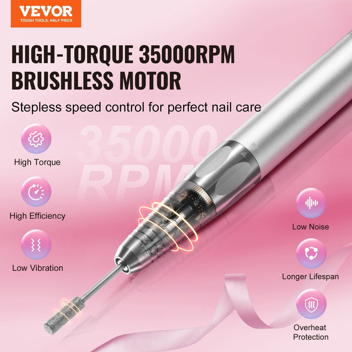 Electric Cordless Nail Drill - with 35000RRM Brushless Motor and Charging Base, Rechargeable Nail E File Machine with 6 Bit & 50PCS Sanding Band for Acrylic Gel Nail, Manicure Pedicure Polishing