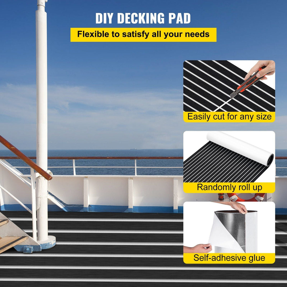 EVA Foam Faux Teak Boat Decking Sheet 94.5 X 47.2 Inch 5MM Thick Non-Skid Self-Adhesive for Marine Yacht RV Swimming Pool Garden Boat Flooring Sheet (Black + White Seam, 94.5" x 47.2")