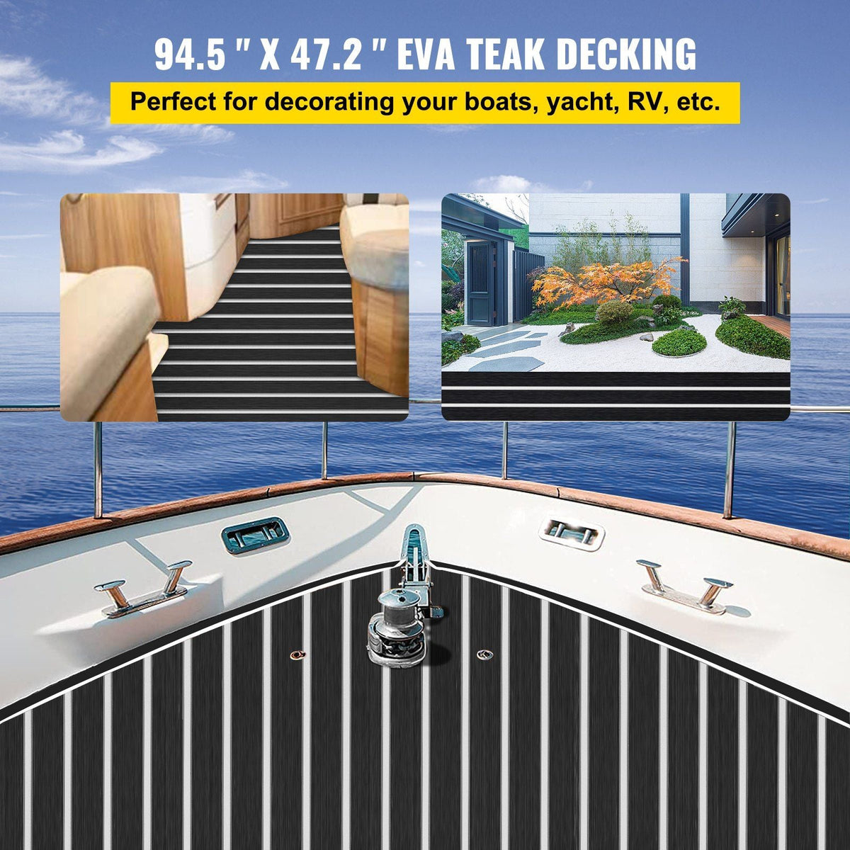EVA Foam Faux Teak Boat Decking Sheet 94.5 X 47.2 Inch 5MM Thick Non-Skid Self-Adhesive for Marine Yacht RV Swimming Pool Garden Boat Flooring Sheet (Black + White Seam, 94.5" x 47.2")