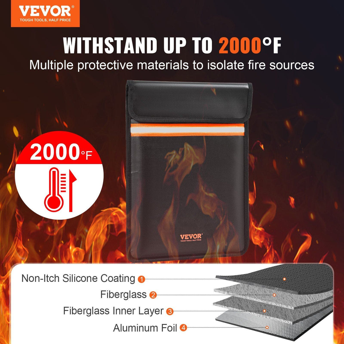 Fireproof Document Bag, 15"x11" Fireproof Money Bag 2000°F, Double Pockets Fireproof and Waterproof Bag with Zipper and Reflective Strip, for Money, Documents, Jewelry and Passport